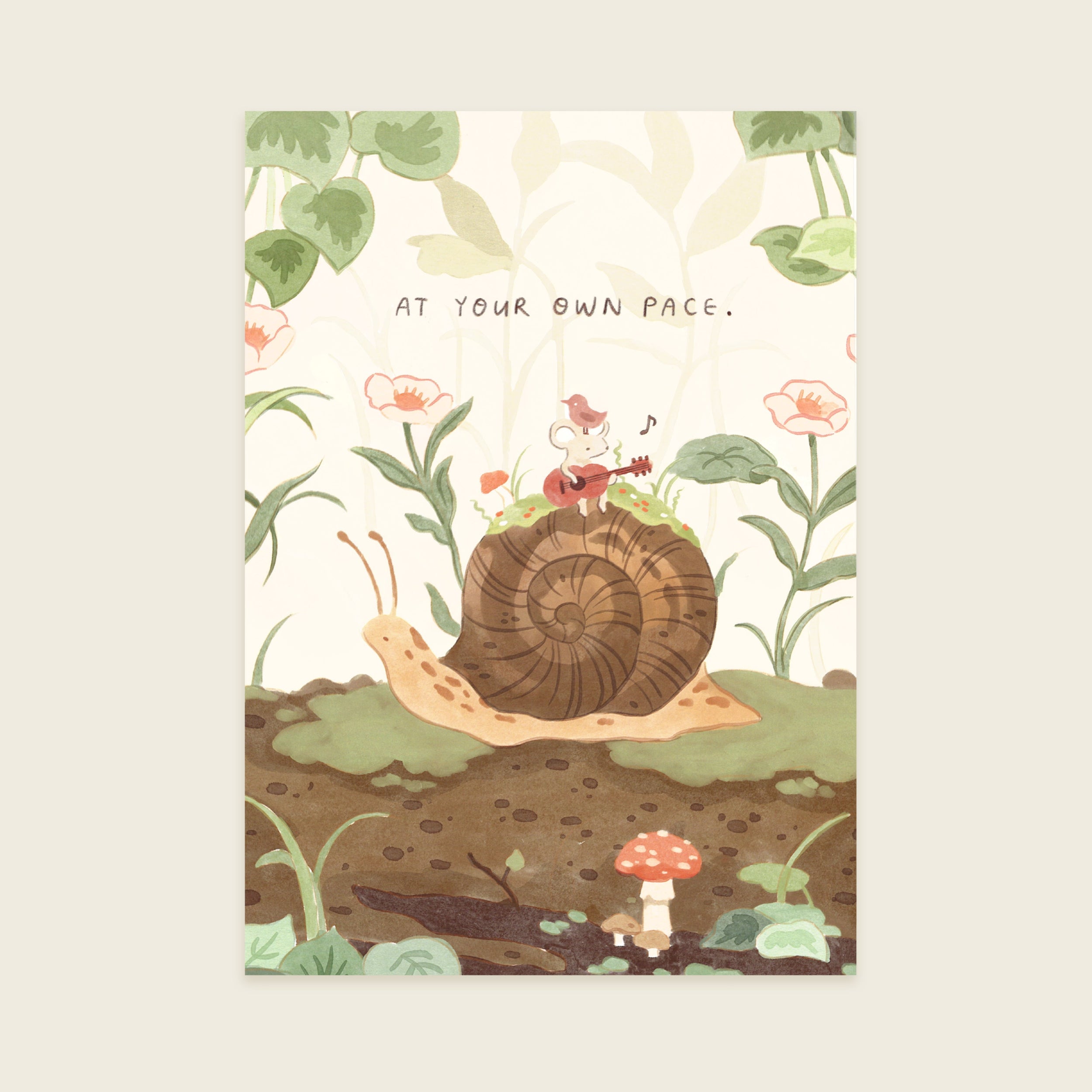 Illustration of a snail with a small figure playing music, surrounded by plants and flowers with 'At Your Own Pace' text.