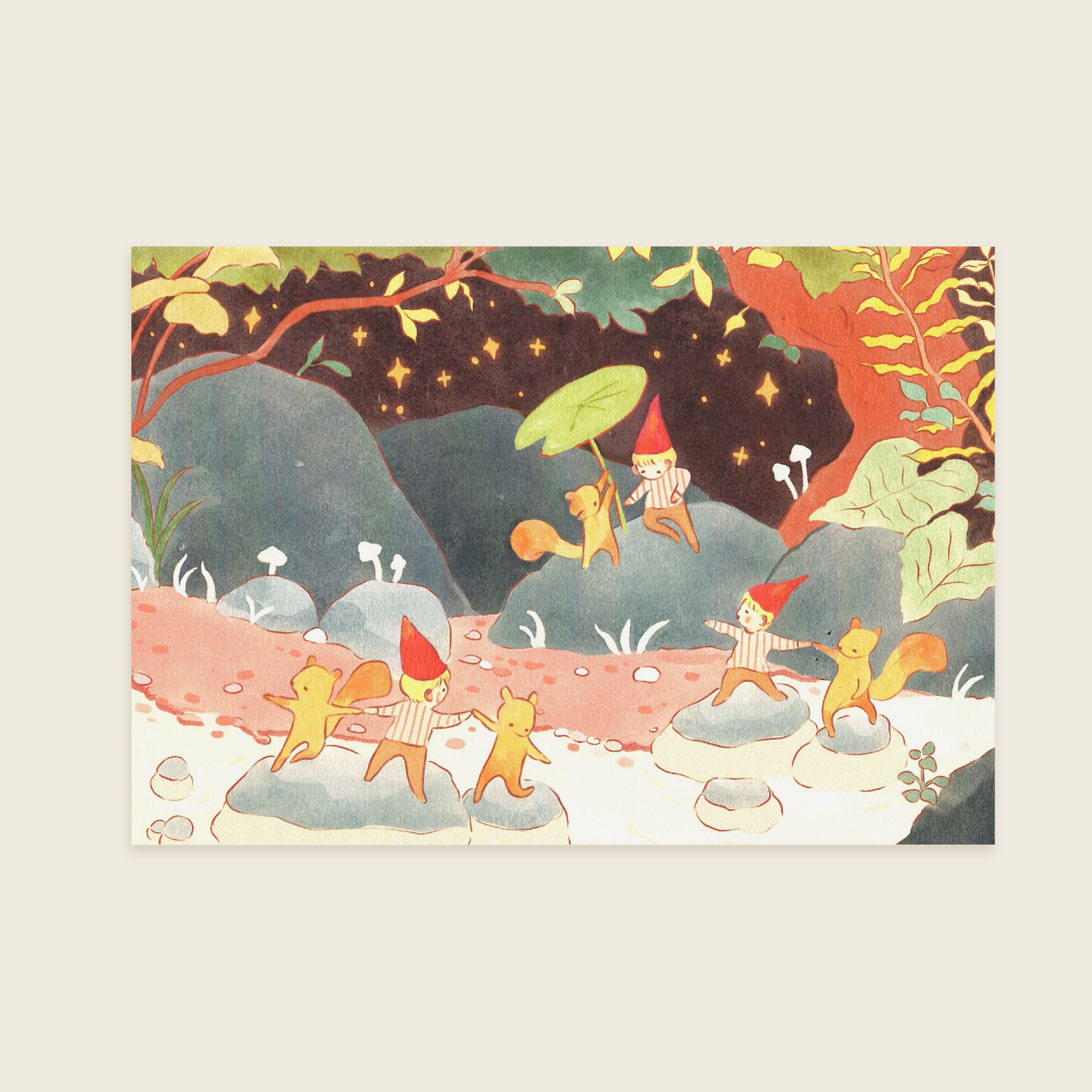 Illustration of gnomes and squirrels in a forest setting with a starry night sky.