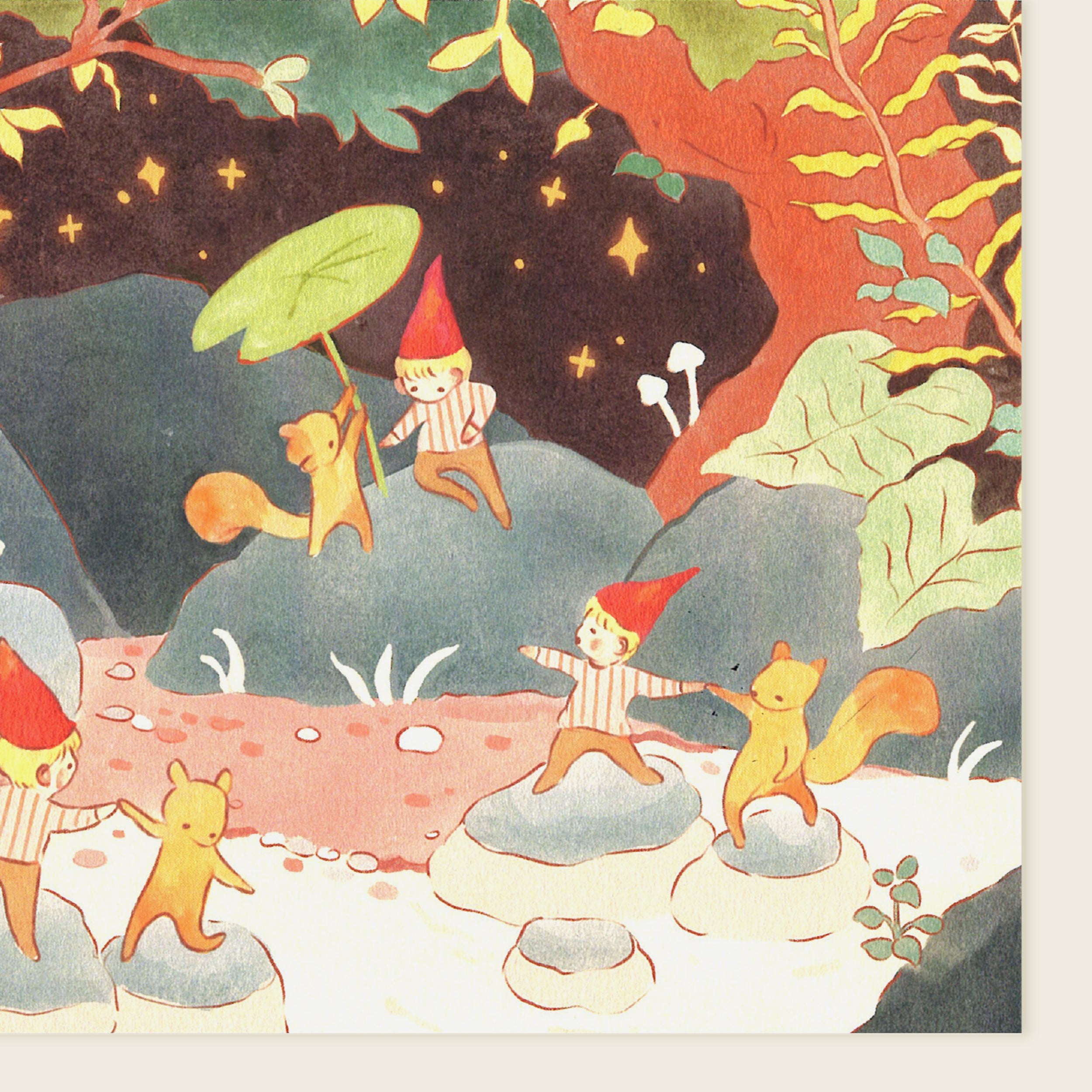 Illustration of gnomes and squirrels in a forest setting with stars in the sky.