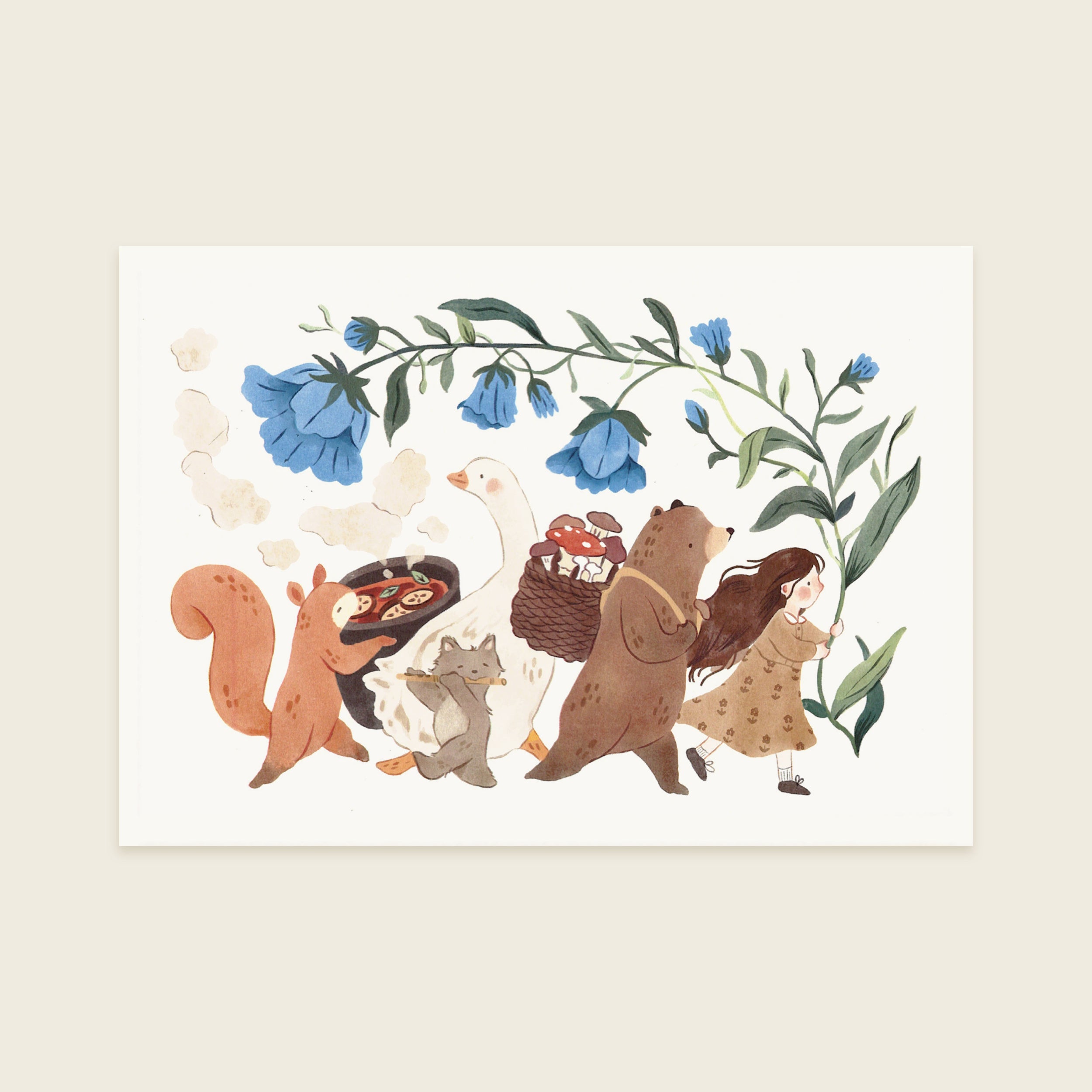 Illustration of a girl and animals with flowers on a beige background