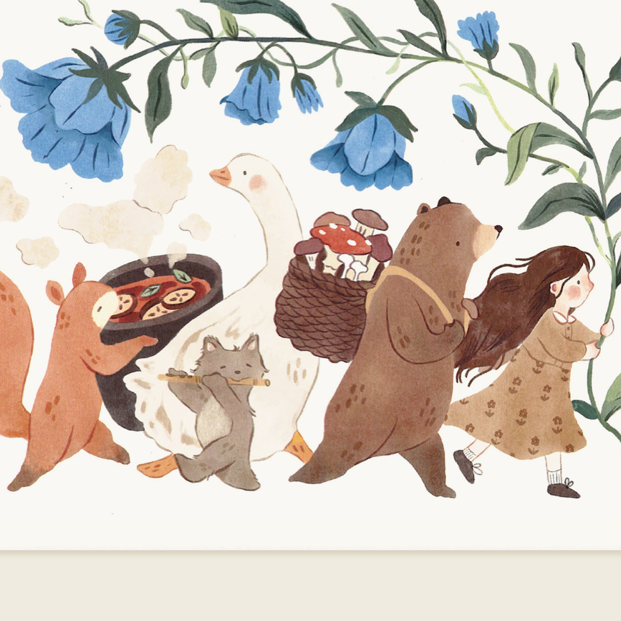 Illustration of a bear, goose, and girl with flowers and leaves