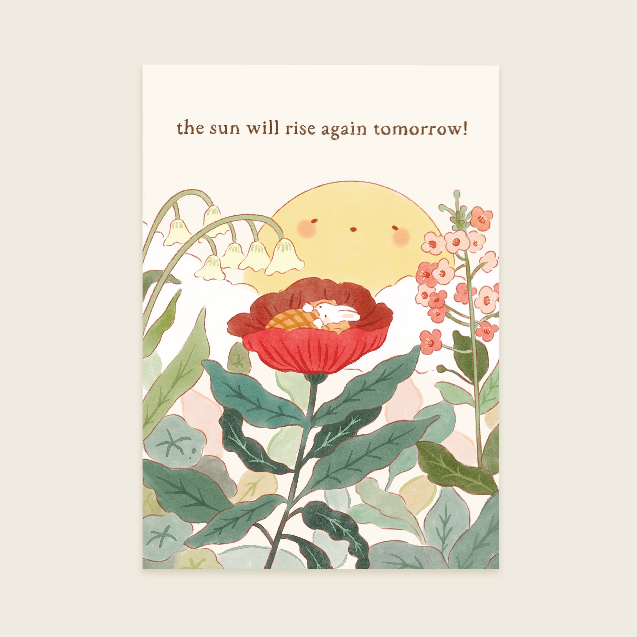 Illustration of a red flower with a mouse, sun, and flowers on a beige background.