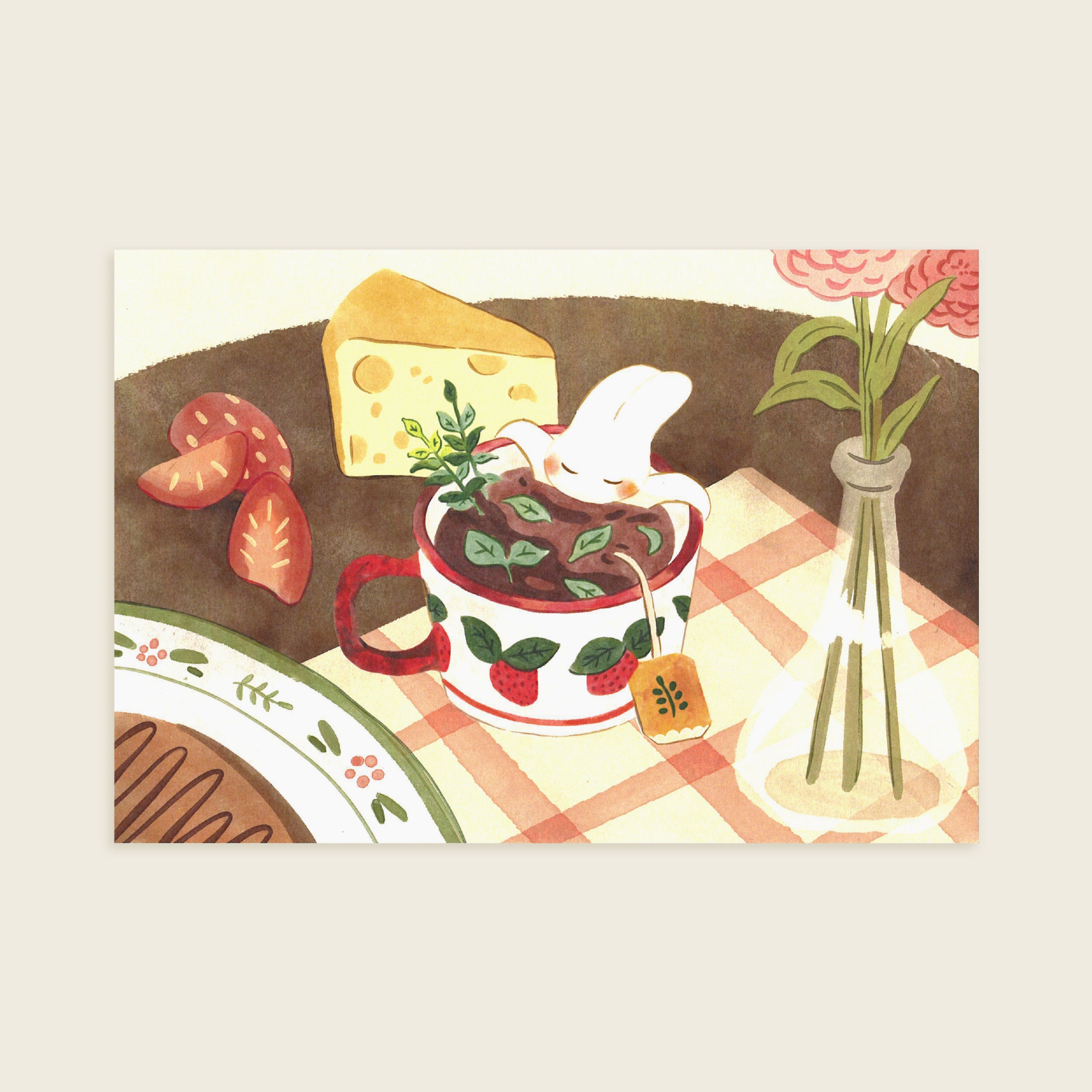 Illustration of a tea cup with a bunny soaking in it, a teabag, cheese, tomatoes, and flowers on a checkered tablecloth.