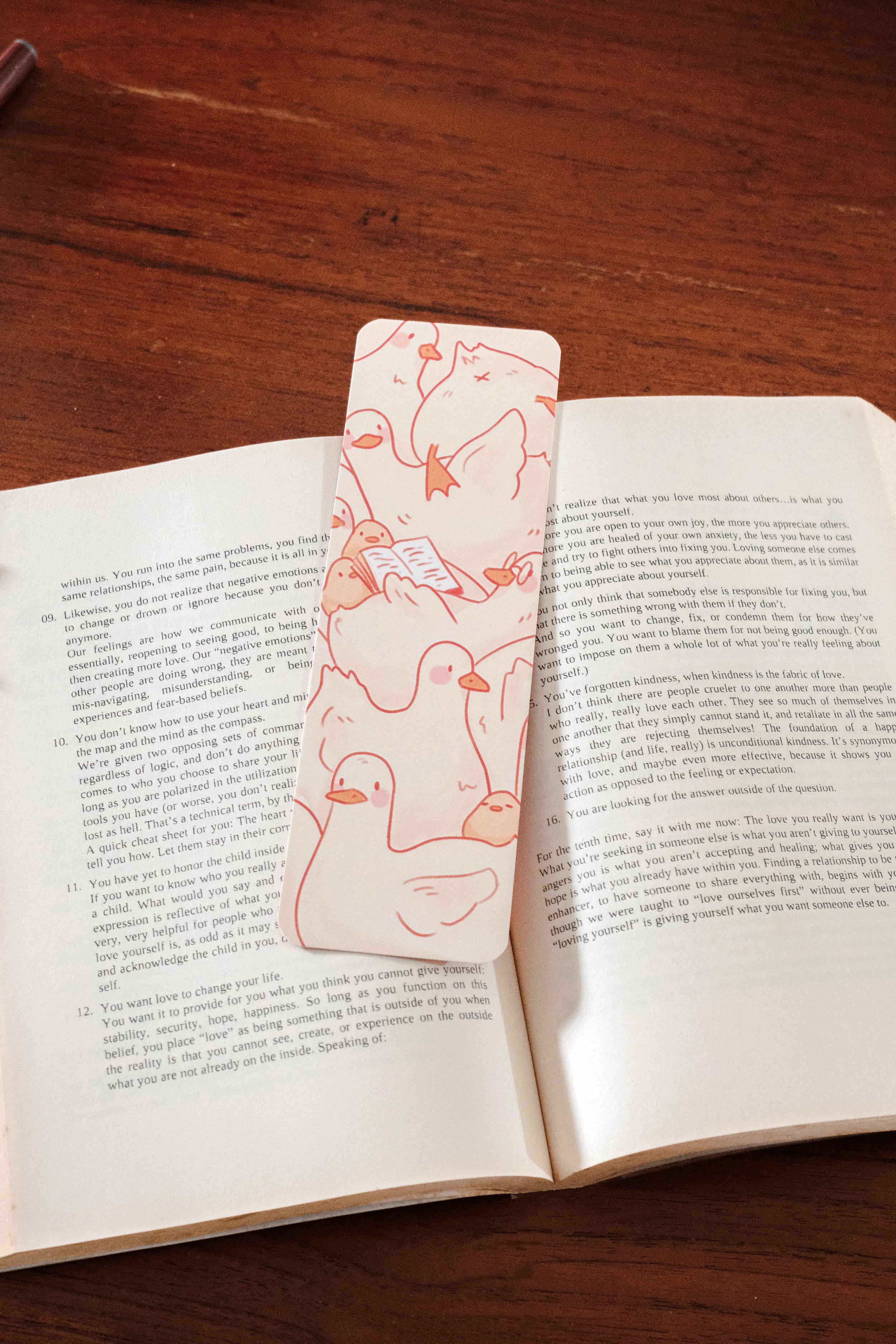 Bookmark with duck pattern on an open book